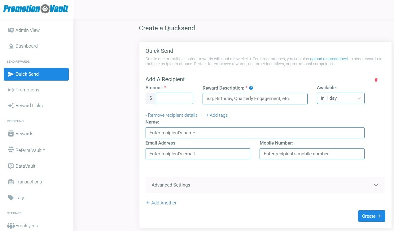 Quick Send Colour Quick Send - Promotion Vault Customer Center